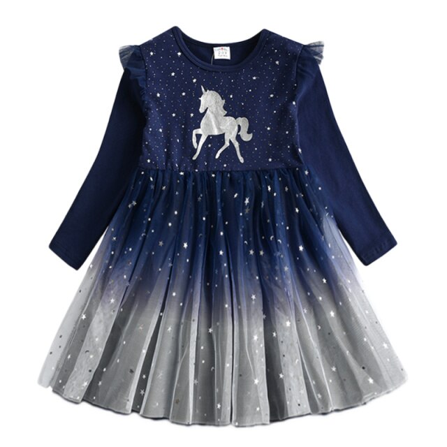 Girls Navy & Silver Unicorn Tulle Dress (Age 3Y-8Y)