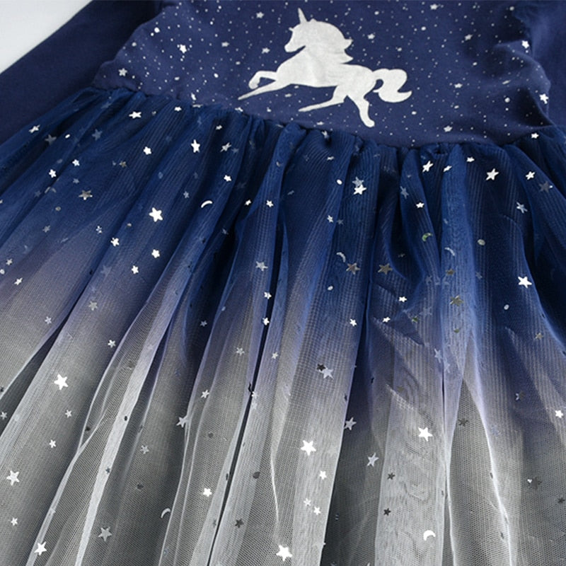 Girls Navy & Silver Unicorn Tulle Dress (Age 3Y-8Y)