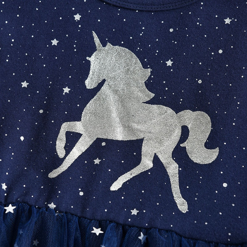 Girls Navy & Silver Unicorn Tulle Dress (Age 3Y-8Y)