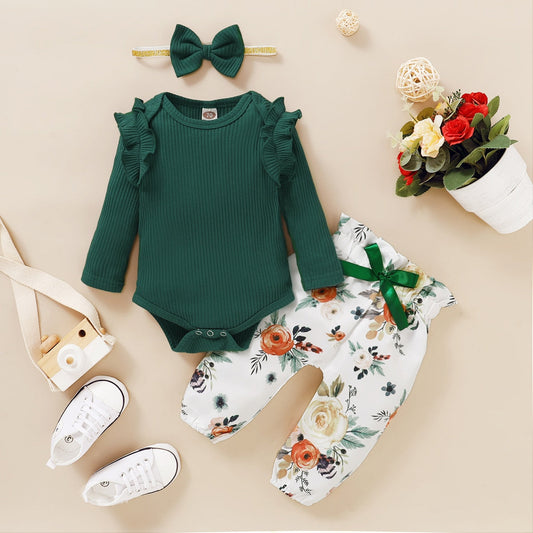 Baby Girls Green Bodysuit & Floral Trousers (Age 3m-24m) Green