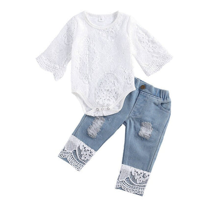 Baby Girls White Lace Bodysuit & Jeans Set (Age 3m-18m) White