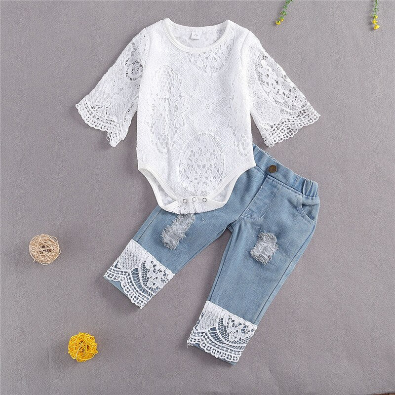 Baby Girls White Lace Bodysuit & Jeans Set (Age 3m-18m)