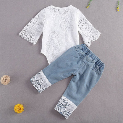 Baby Girls White Lace Bodysuit & Jeans Set (Age 3m-18m)