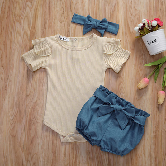 Baby Girls Beige Bodysuit Blue Shorts & Headband (Age 6M-24M) Beige