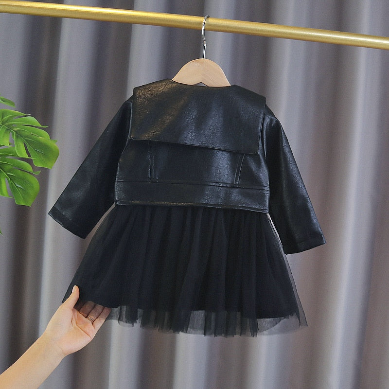 Girls Black PU Leather Jacket & Tutu Tulle Skirt Set (Age 9M-5YRS)