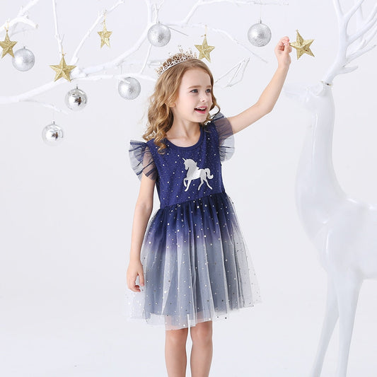 Girls Navy Sequin Tulle Dress (Age 3Y-8Y) Navy