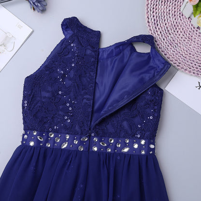 Girls Lace Chiffon Sequin Dipped Hem Dress (Age 6-14yrs)