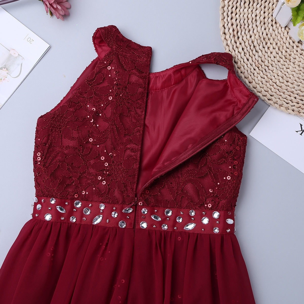 Girls Lace Chiffon Sequin Dipped Hem Dress (Age 6-14yrs)