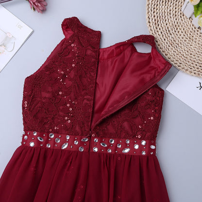 Girls Lace Chiffon Sequin Dipped Hem Dress (Age 6-14yrs)