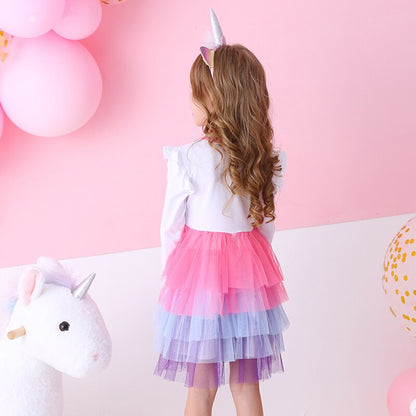 Girls White Multi Unicorn Layered Tulle Dress (Age 3Y-8Y)