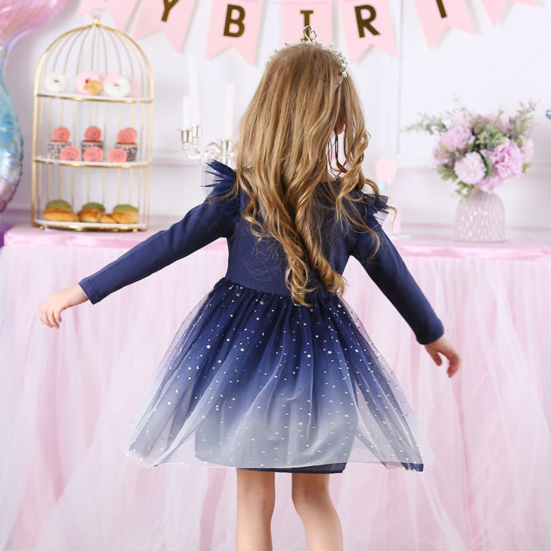 Girls Navy & Silver Unicorn Tulle Dress (Age 3Y-8Y)