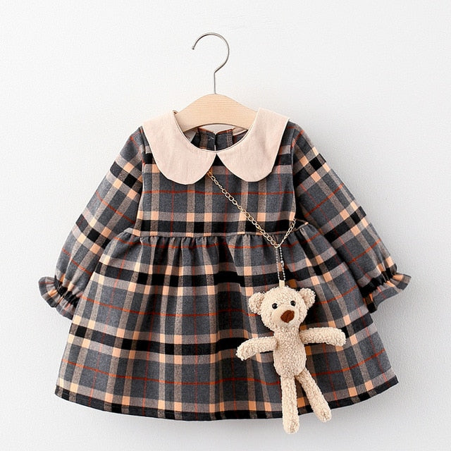 Baby Girls Check Long Sleeve Dress & Plush Teddy Bear (Age 9-24m) Beige