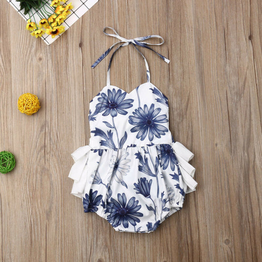 Baby Girls White & Blue Ruffle Romper (Age 6m-24m)