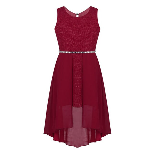 Girls Dipped Hem & Rhinestone Embellished Dress (Age 6-14yrs) Burgundy