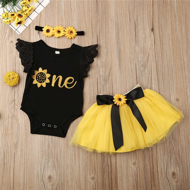 Baby Girls Sunflower Bodysuit & Yellow Tutu Skirt (Age 6m-18m) Yellow Short Sleeve