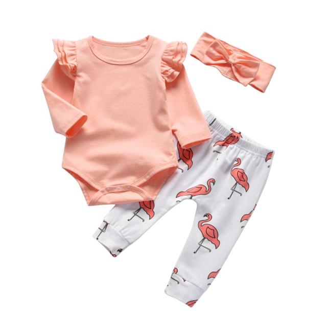 Baby Girls Bodysuit & Flamingo Trousers & Headband Set (Age 3m-24m) Pink