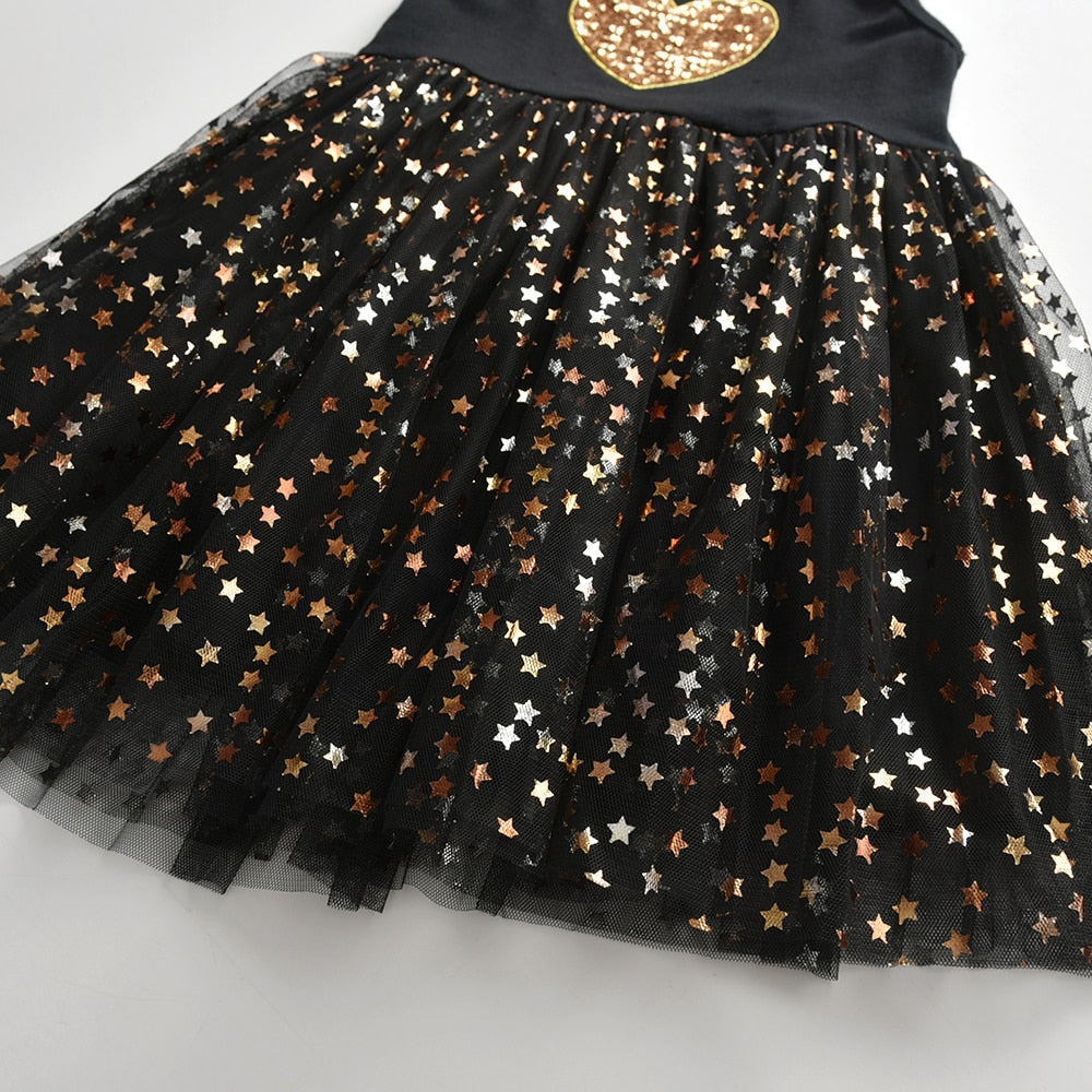 Girls Gold Sequin Heart Tulle Dress (Age 3Y-8Y)