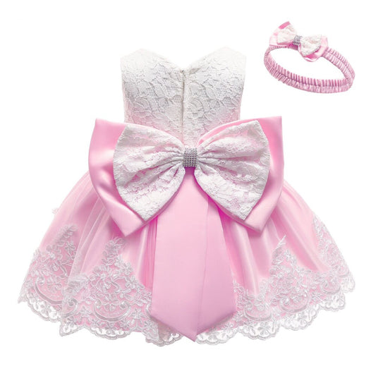 Baby Girls Lace Large Bow Tulle Dress & Headband (Age 3M-24M)