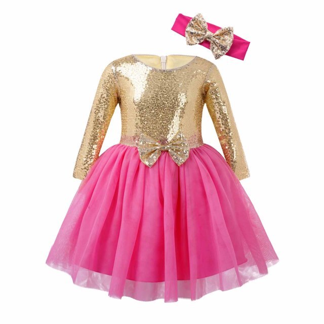 Girls Long Sleeve Sequin Tulle Dress (Age 18M-8YRS) Hot Pink