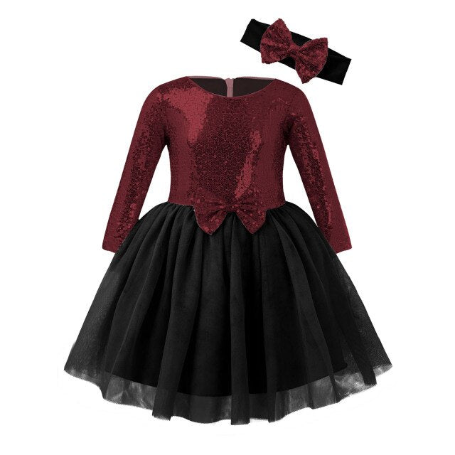 Girls Long Sleeve Sequin Tulle Dress (Age 18M-8YRS) Burgundy