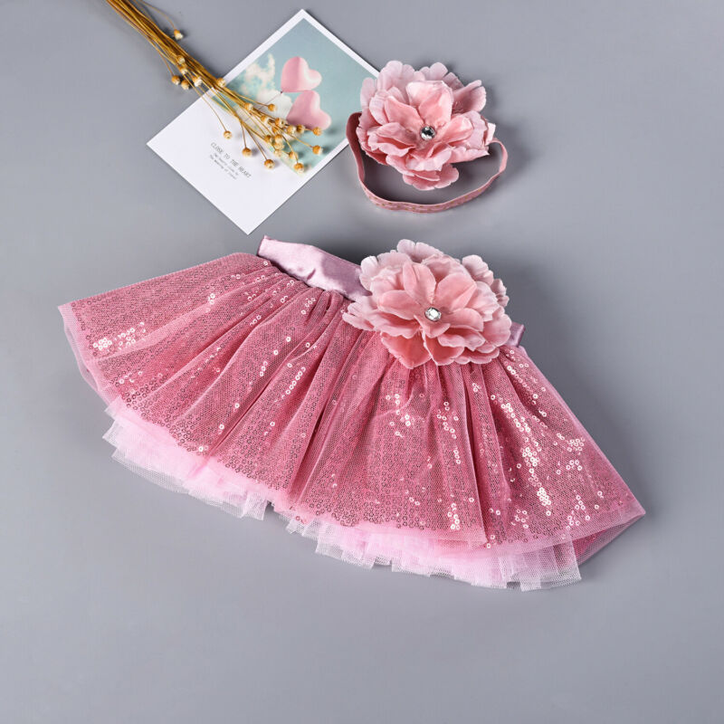 Girls Pink Sequin Tulle Skirt & Headband (Age 24m-8yrs)