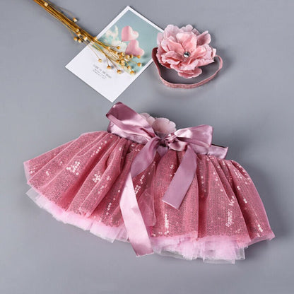 Girls Pink Sequin Tulle Skirt & Headband (Age 24m-8yrs)