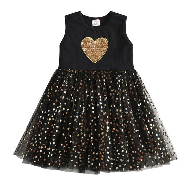 Girls Gold Sequin Heart Tulle Dress (Age 3Y-8Y)