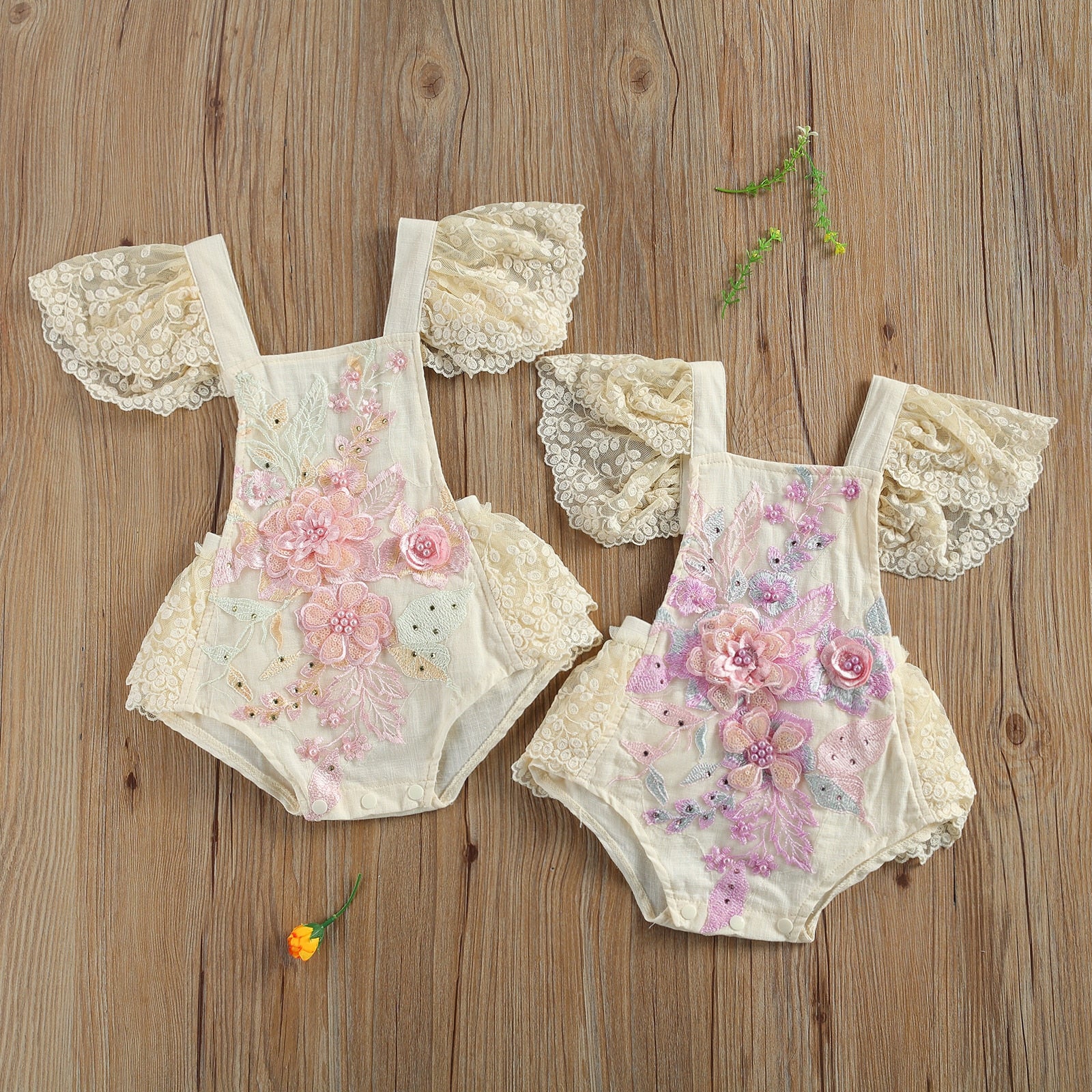 Baby Girls Beige Embroidered Romper (Age 6m-24m)