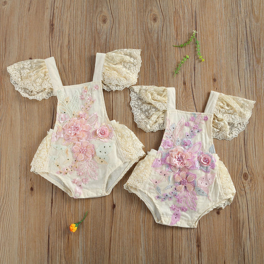 Baby Girls Beige Embroidered Romper (Age 6m-24m)