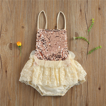 Baby Girls Beige Pink Sequin Romper (Age 6m-24m)