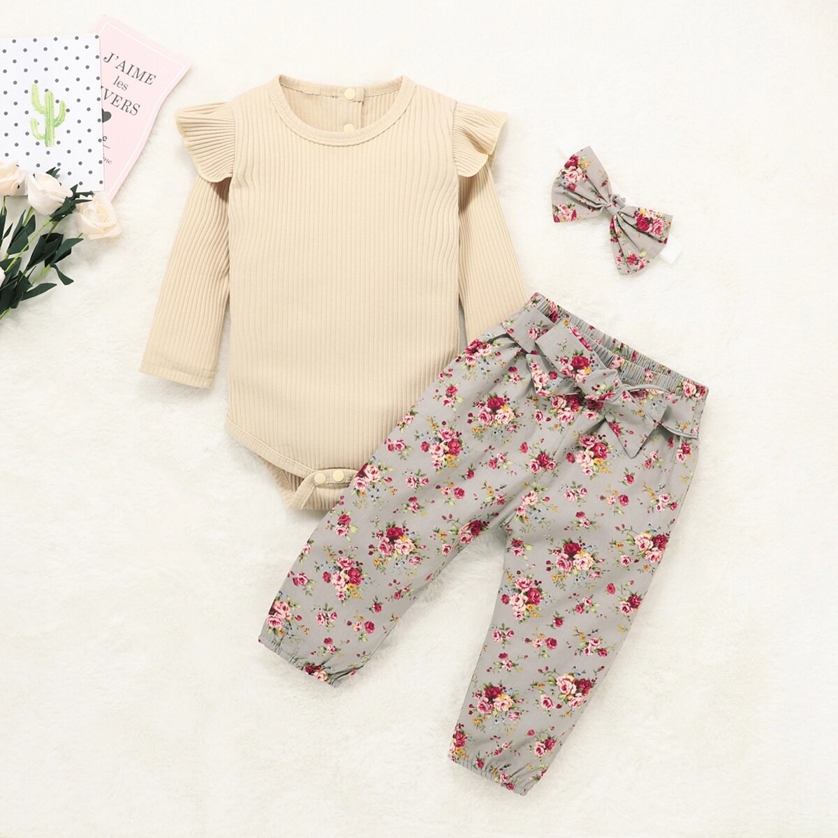 Baby Girls Beige Bodysuit & Grey Floral Trousers Set (Age Newborn -18m)