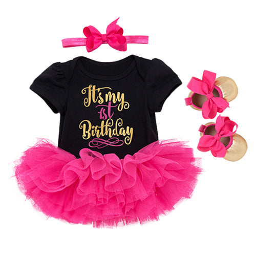 Baby Girls 1st Birthday Bodysuit & Tutu Skirt & Shoes Set (Age 6M-24M) Hot Pink