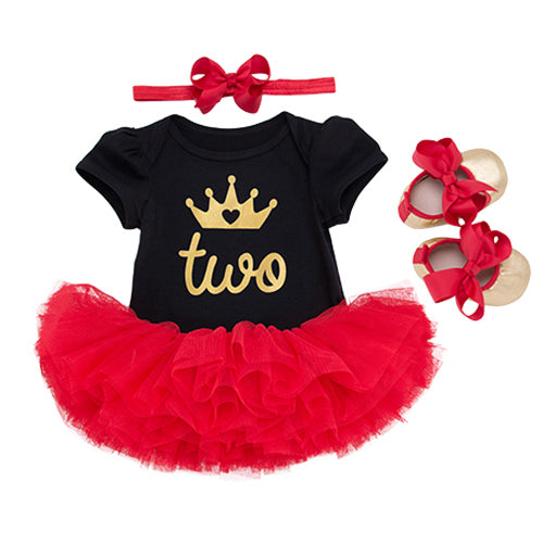 Baby Girls 1st Birthday Bodysuit & Tutu Skirt & Shoes Set (Age 6M-24M) Red-Black