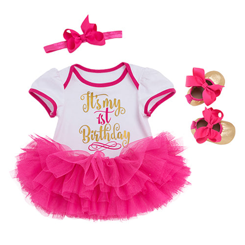 Baby Girls 1st Birthday Bodysuit & Tutu Skirt & Shoes Set (Age 6M-24M)