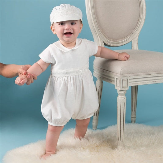 Baby Boys White Christening Romper & Hat (Age 3m-24m) White