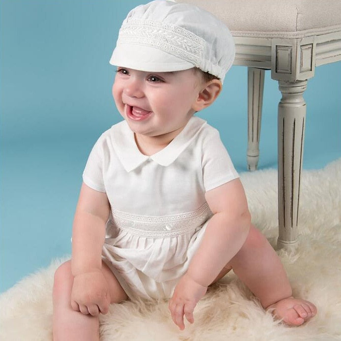 Baby Boys White Christening Romper & Hat (Age 3m-24m)