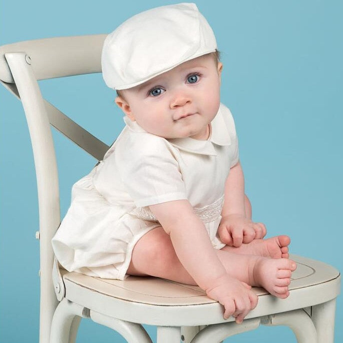 Baby Boys White Christening Romper & Hat (Age 3m-24m)