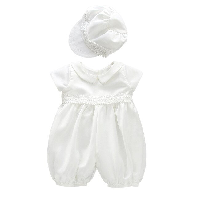 Baby Boys White Christening Romper & Hat (Age 3m-24m)