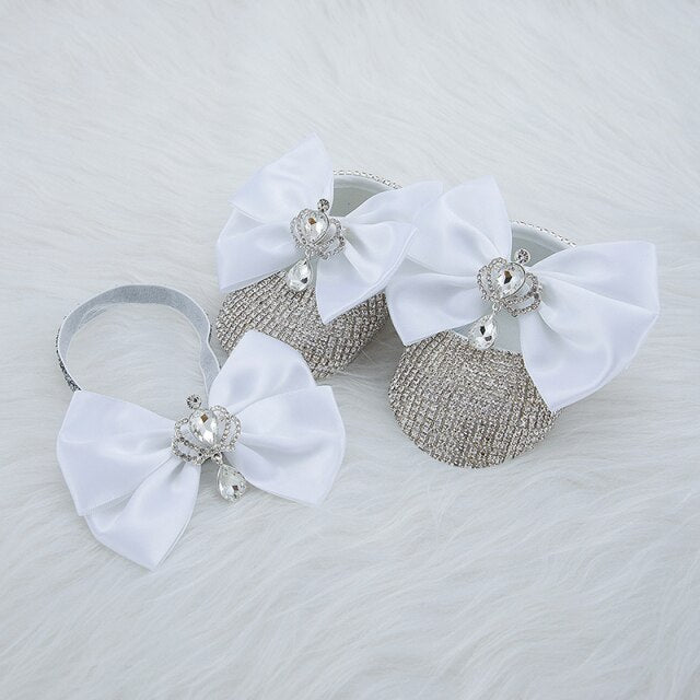 Baby Girls Rhinestone Embellished Shoes & Headband (Newborn - 18M) White