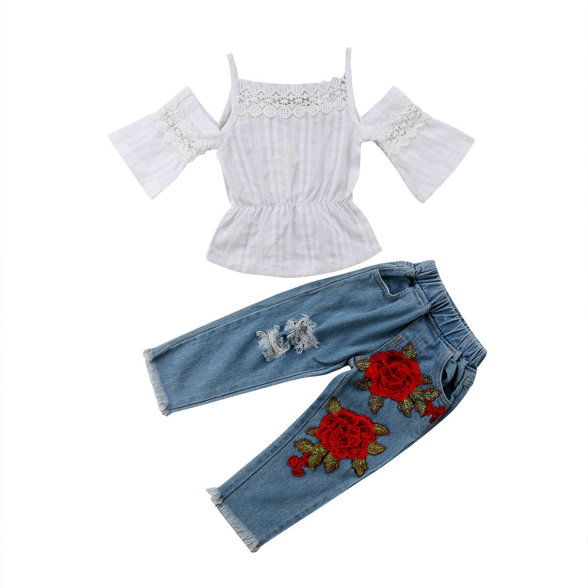 Girls White Top & Embroidered Jeans Set (Age 24M-6YRS) White