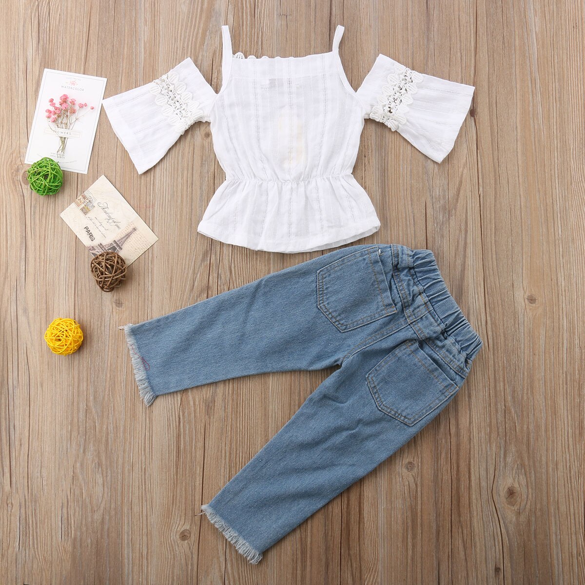 Girls White Top & Embroidered Jeans Set (Age 24M-6YRS)