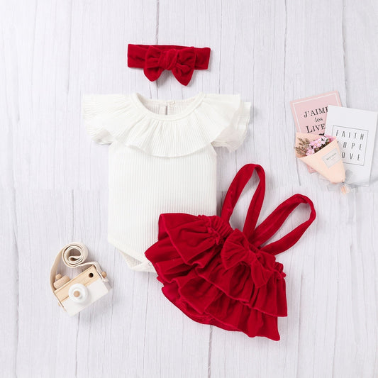 Baby Girls Red & White Bodysuit & Pinafore Dress & Headband Set (Age 6m-24m) Red