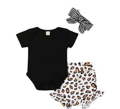 Baby Girls Bodysuit Leopard Shorts & Headband Set (Age Newborn -18m) Beige