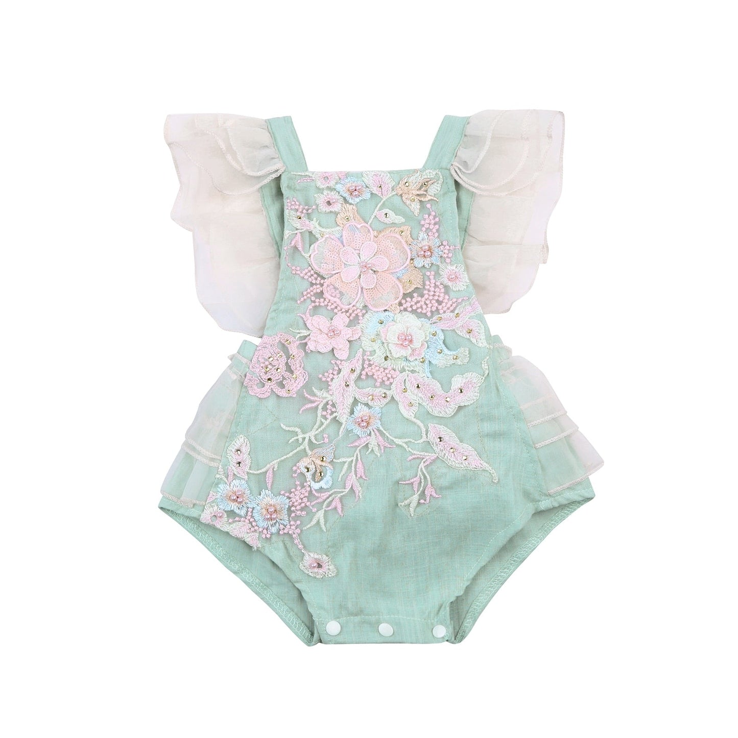 Baby Girls Green Floral Appliqué Embroidered Romper (Age 6M-24M) Green