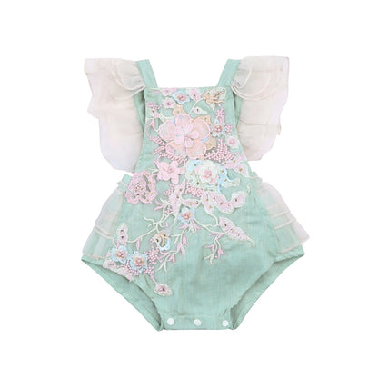 Baby Girls Green Floral Appliqué Embroidered Romper (Age 6M-24M) Green