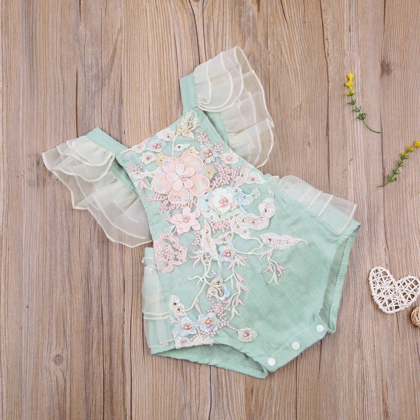 Baby Girls Green Floral Appliqué Embroidered Romper (Age 6M-24M)