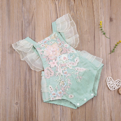 Baby Girls Green Floral Appliqué Embroidered Romper (Age 6M-24M)