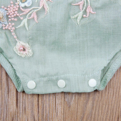 Baby Girls Green Floral Appliqué Embroidered Romper (Age 6M-24M)