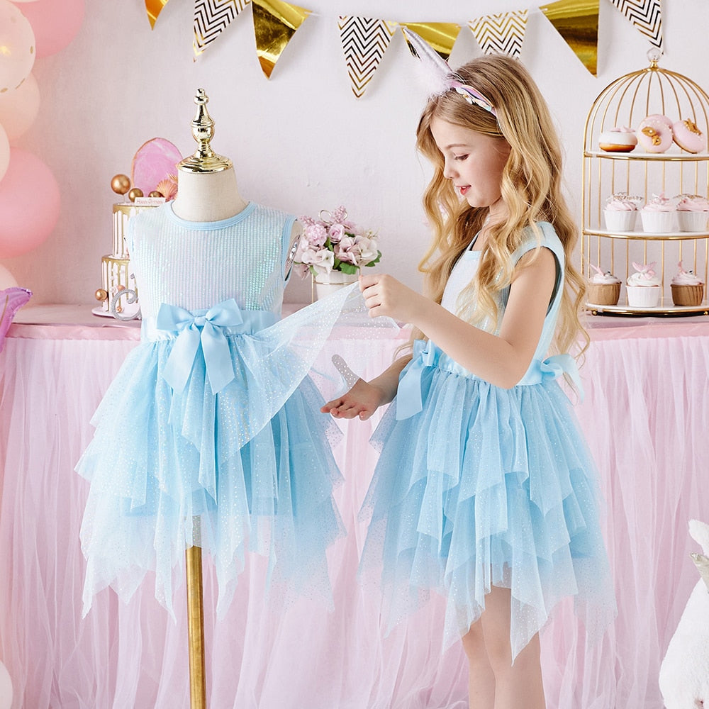 Girls Blue Sequin Layered Tulle Dress (Age 3Y-8Y)