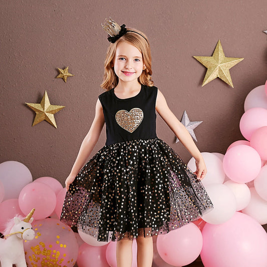 Girls Gold Sequin Heart Tulle Dress (Age 3Y-8Y) Gold